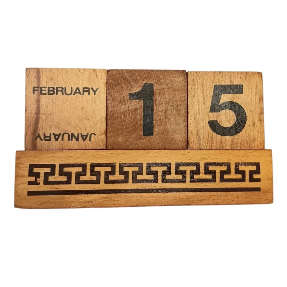 VTG Wood Block Perpetual Calendar Desk From Greece Brown & Black 4.75 x 3.5 x 2